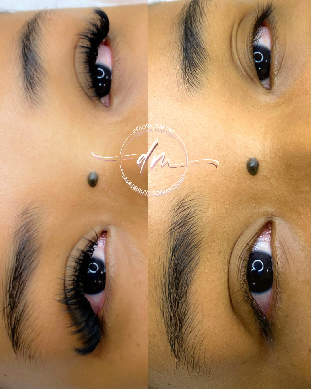 Antes e depois de um atendimento de lash design no estúdio Débora Martins